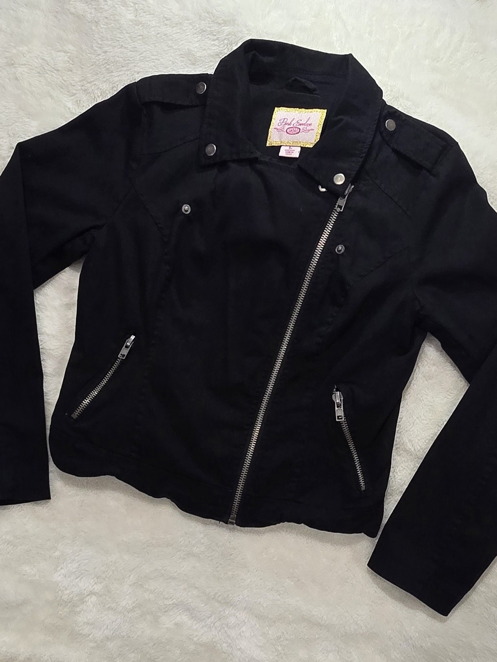 Pink Envelope Black Canvas Cotton Moto Biker Jacket Silver Hardware Large